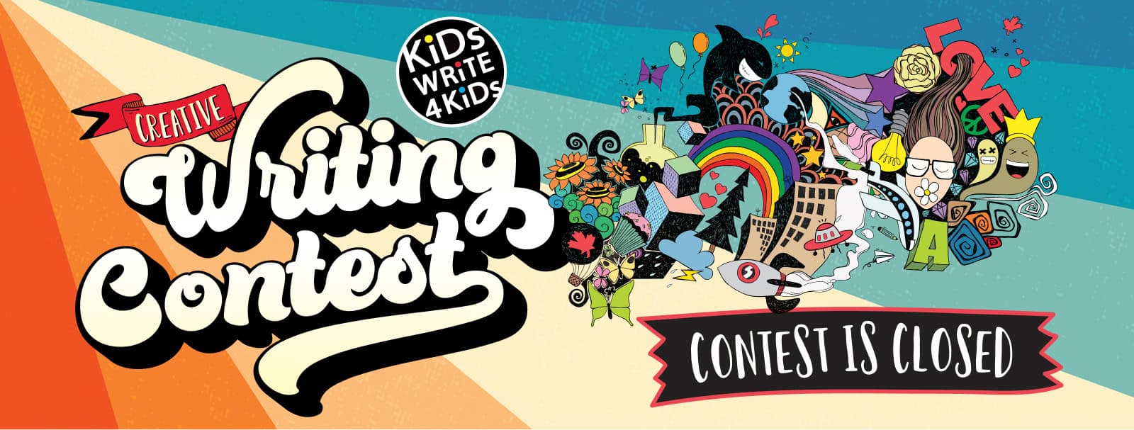 Vibrant illustration promoting the Kids Write 4 Kids creative writing contest with colorful doodles, showcasing children's artwork and the Ripple Foundation logo for literacy and educational support.