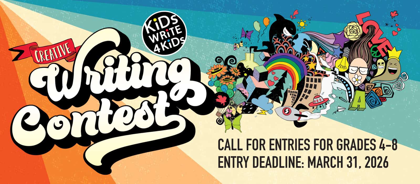 KW4K-website-contest Kids writing contest graphic with colorful illustrations for children’s creative writing challenge, call for entries for grades 4-8, promoting literacy and artistic expression.