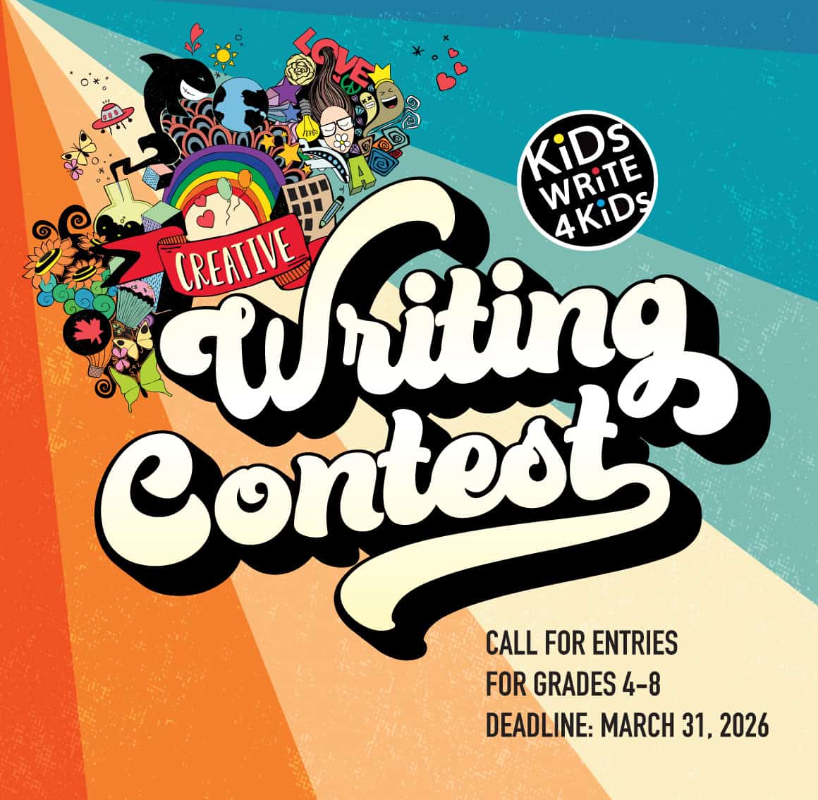 Bright colorful illustration promoting Kids Write 4 Kids creative writing contest by Ripple Foundation, featuring playful drawings and vibrant design elements to encourage children’s storytelling and artistic expression.